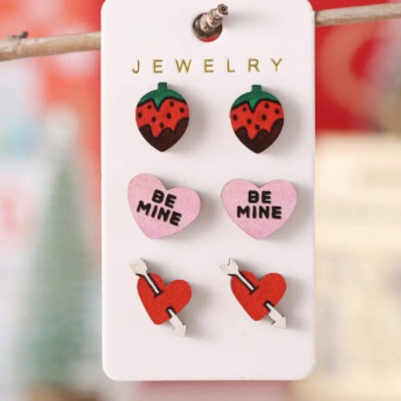 Jewelry - 3 pairs of cute wooden valentines day earrings